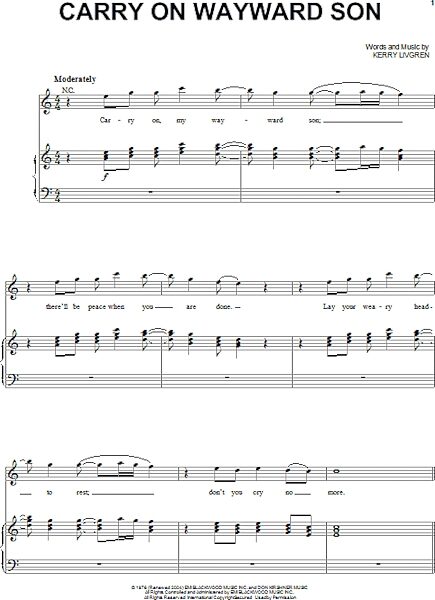 Carry On Wayward Son - Piano/Vocal/Guitar, New, Main