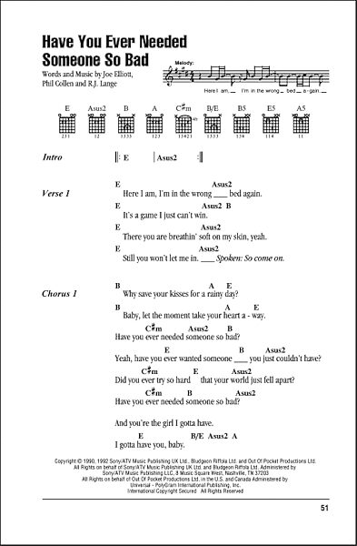 Have You Ever Needed Someone So Bad - Guitar Chords/Lyrics, New, Main