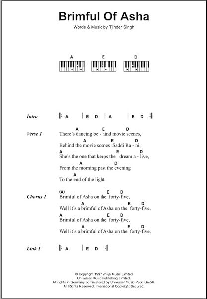 Brimful Of Asha - Piano Chords/Lyrics, New, Main