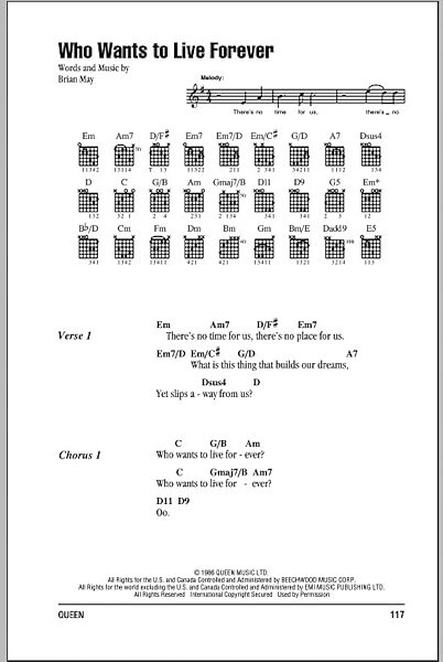 Who Wants To Live Forever - Guitar Chords/Lyrics, New, Main