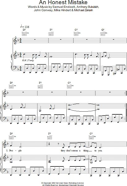 Honest Mistake - Piano/Vocal/Guitar, New, Main