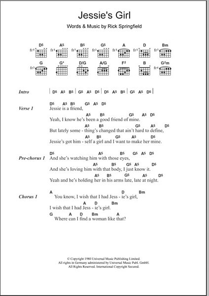 Jessie's Girl - Guitar Chords/Lyrics, New, Main
