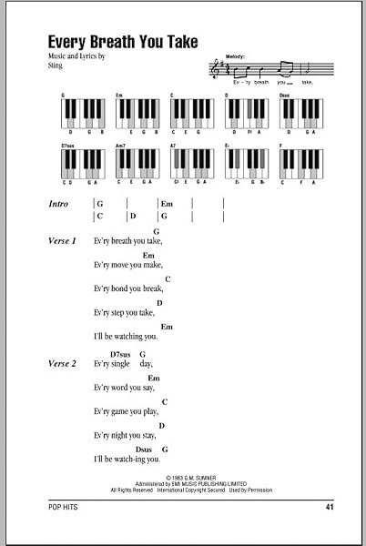 Every Breath You Take - Piano Chords/Lyrics, New, Main