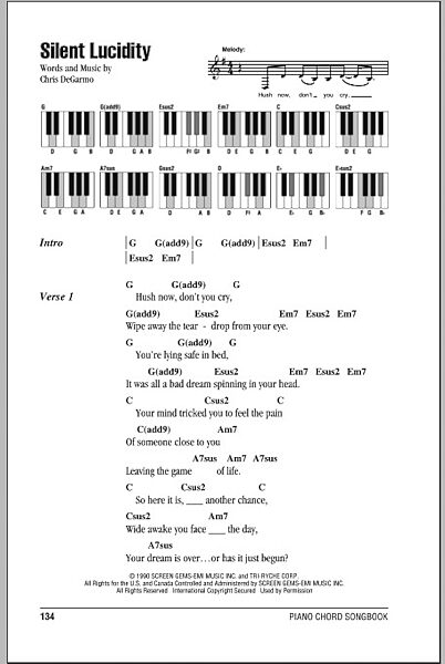 Silent Lucidity - Piano Chords/Lyrics, New, Main