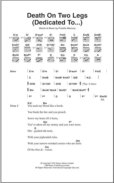 Death On Two Legs (Dedicated To...) - Guitar Chords/Lyrics, New, Main