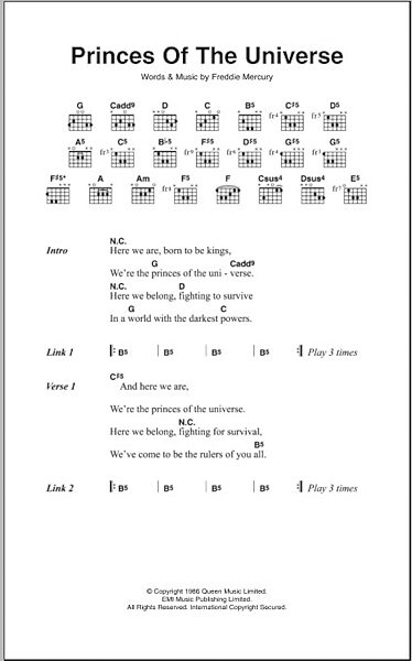 Princes Of The Universe - Guitar Chords/Lyrics, New, Main