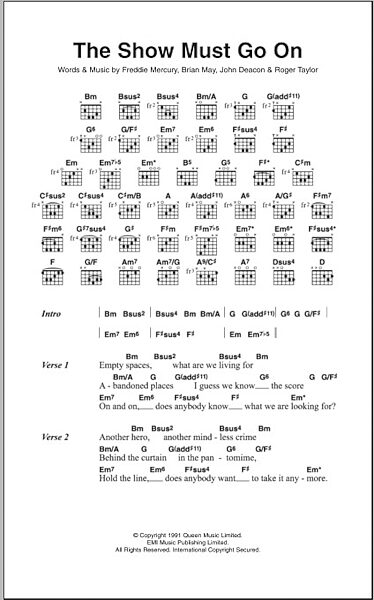 The Show Must Go On - Guitar Chords/Lyrics, New, Main