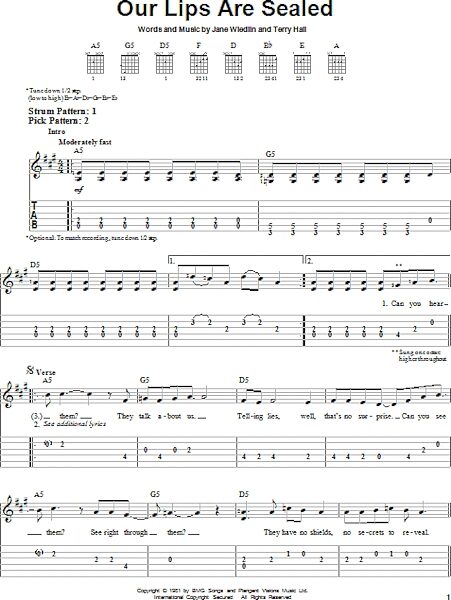 Our Lips Are Sealed - Easy Guitar with TAB, New, Main