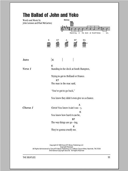 The Ballad Of John And Yoko - Ukulele Chords/Lyrics, New, Main