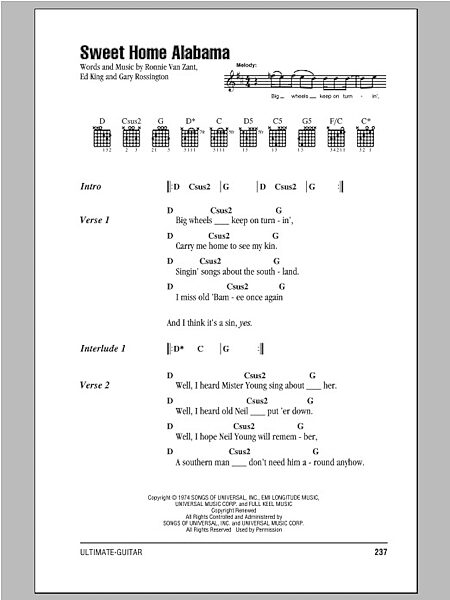 Sweet Home Alabama - Guitar Chords/Lyrics, New, Main