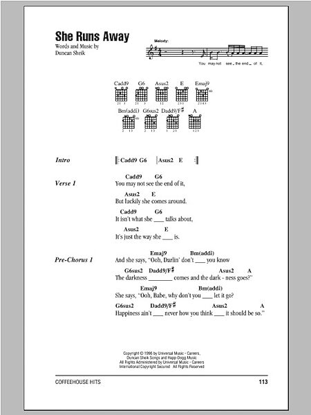 She Runs Away - Guitar Chords/Lyrics, New, Main