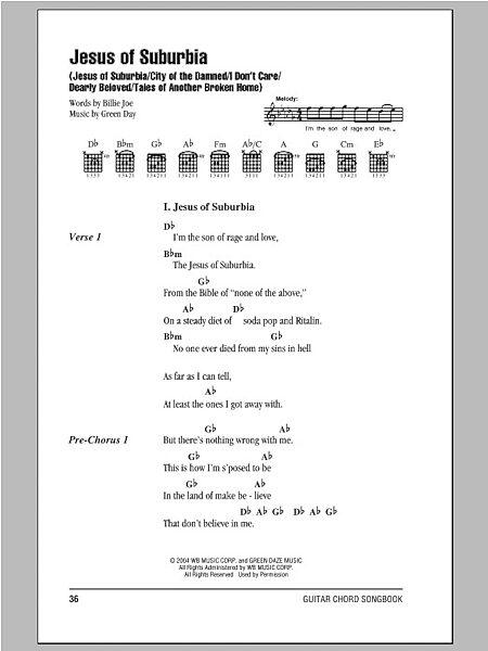 Jesus Of Suburbia: Jesus Of Suburbia/City Of The Damned/I Don't Care/Dearly Beloved/Tales Of Another - Guitar Chords/Lyrics, New, Main