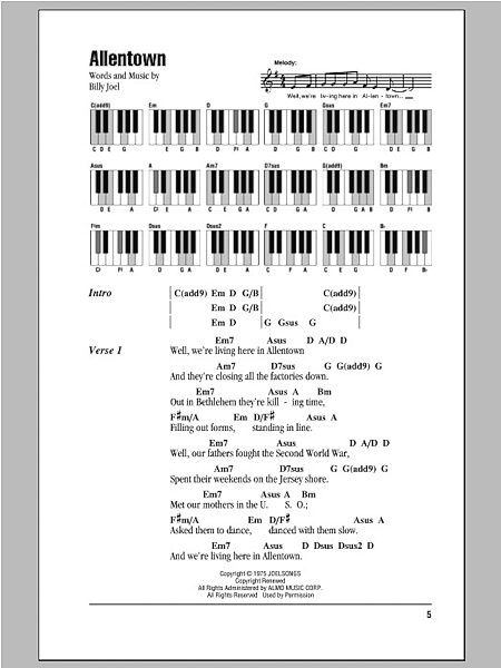 Allentown - Piano Chords/Lyrics, New, Main