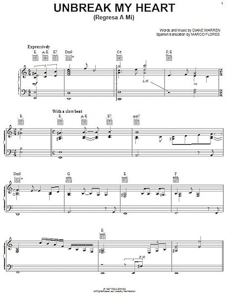 Un-break My Heart - Piano/Vocal/Guitar, New, Main