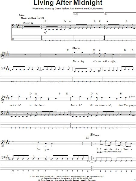 Living After Midnight - Bass Tab, New, Main