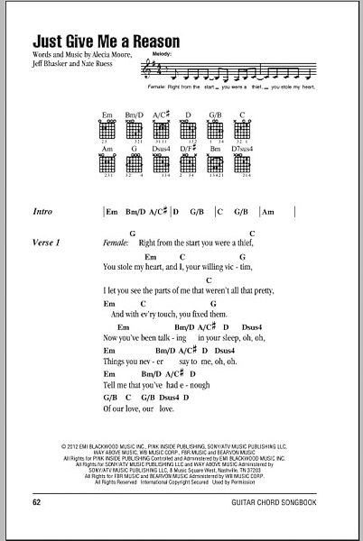 Just Give Me A Reason - Guitar Chords/Lyrics, New, Main