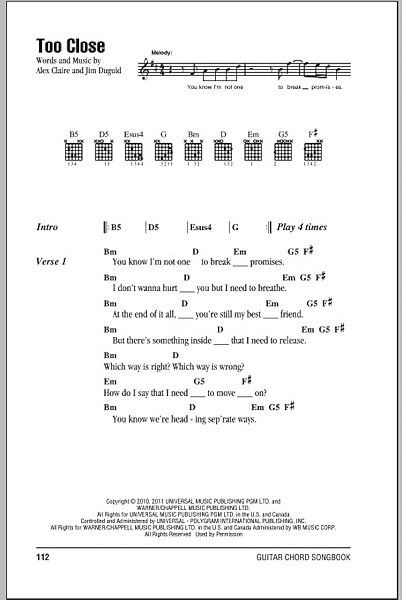 Too Close - Guitar Chords/Lyrics, New, Main