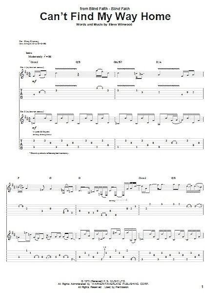 Can't Find My Way Home - Guitar TAB, New, Main