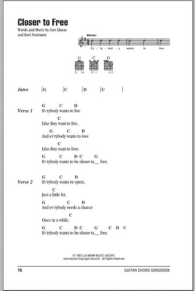 Closer To Free - Guitar Chords/Lyrics, New, Main