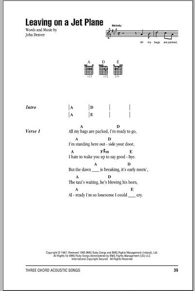 Leaving On A Jet Plane - Guitar Chords/Lyrics, New, Main