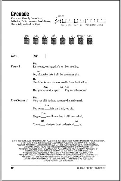 Grenade - Guitar Chords/Lyrics, New, Main