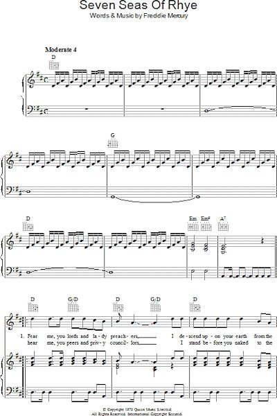 Seven Seas Of Rhye - Piano/Vocal/Guitar, New, Main