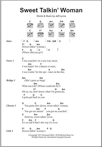 Sweet Talkin' Woman - Guitar Chords/Lyrics, New, Main