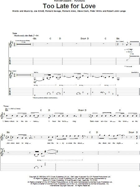 Too Late For Love - Guitar TAB, New, Main