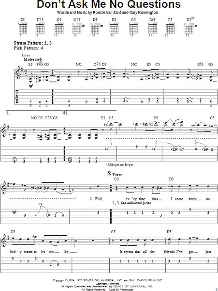 Don't Ask Me No Questions - Easy Guitar with TAB, New, Main