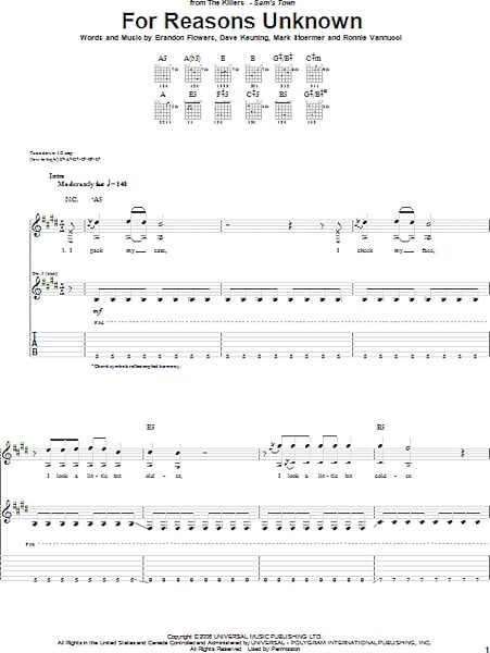 For Reasons Unknown - Guitar TAB, New, Main