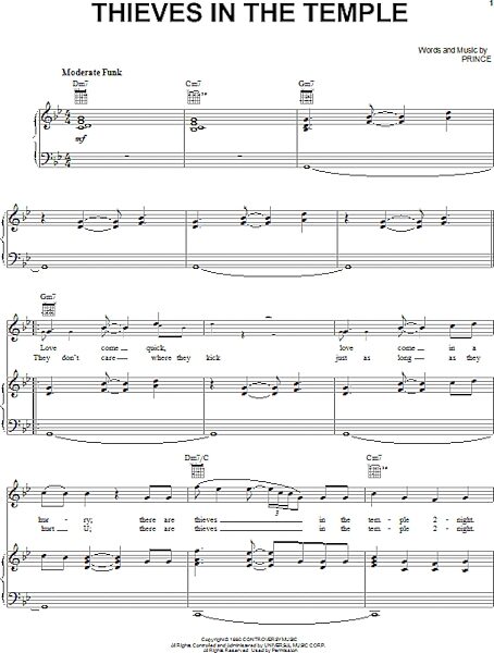 Thieves In The Temple - Piano/Vocal/Guitar, New, Main