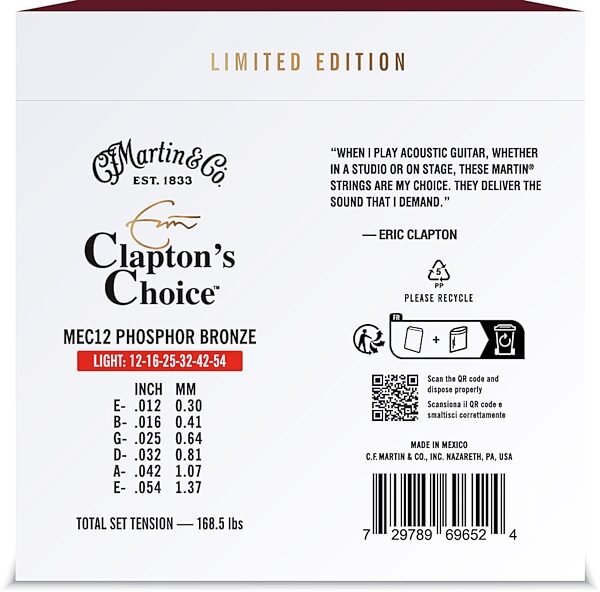 Martin Eric Clapton's Choice 20th Anniversary Acoustic Guitar Strings, 12-54, MEC12LTD20, Light, Action Position Back