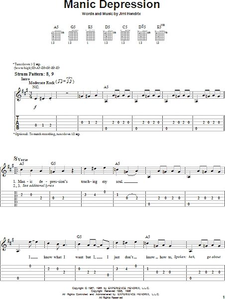 Manic Depression - Easy Guitar with TAB, New, Main