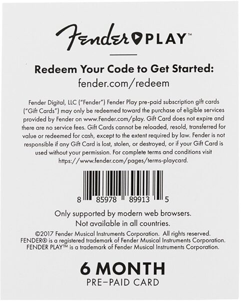 Fender Play Subscription Gift Card, Back