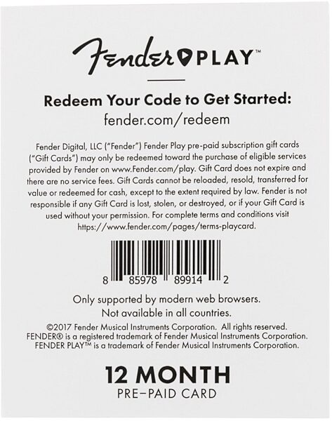 Fender Play Subscription Gift Card, Boxed, 12 Month, Back