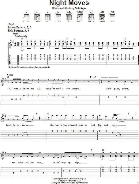 Night Moves - Easy Guitar with TAB, New, Main