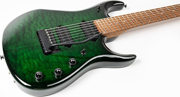 Ernie Ball Music Man John Petrucci JP15 7 Electric Guitar, 7-String (with Case), Green Tiger Eye Quilt, Action Position Back