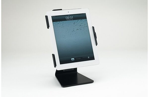 K&M 19752 iPad Table Stand, In Use Portrait Front View