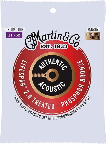 Martin Authentic Lifespan 2.0 Treated Phosphor Bronze Acoustic Guitar Strings, MA535T, Custom Light, 25-Pack, Action Position Back