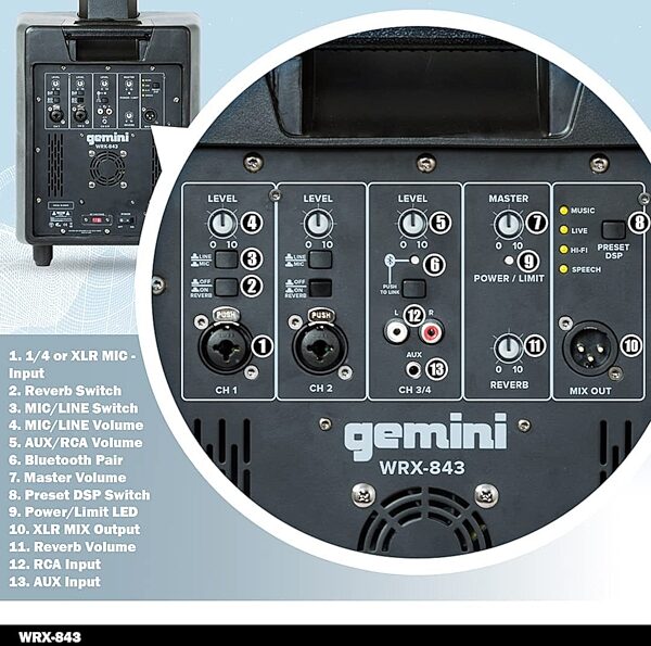 Gemini WRX-843 Powered Column Array PA Speaker System, New, Action Position Back