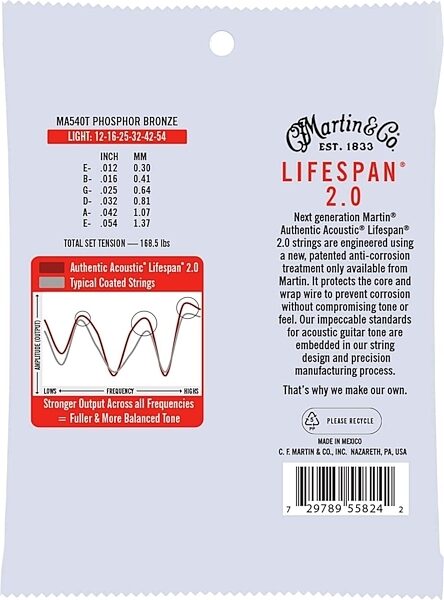 Martin Authentic Lifespan 2.0 Treated Phosphor Bronze Acoustic Guitar Strings, MA540T, Light, 25-Pack, Action Position Back
