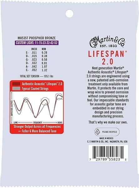 Martin Authentic Lifespan 2.0 Treated Phosphor Bronze Acoustic Guitar Strings, MA535T, Custom Light, 25-Pack, Action Position Back