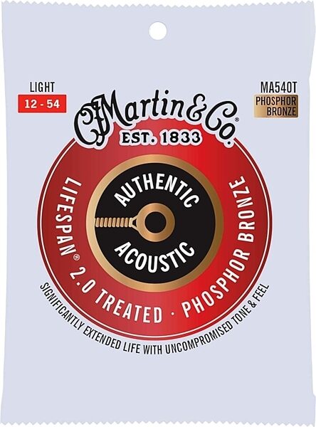 Martin Authentic Lifespan 2.0 Treated Phosphor Bronze Acoustic Guitar Strings, MA540T, Light, 25-Pack, Action Position Back