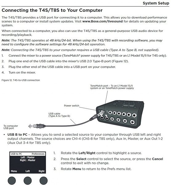 Bose T4S ToneMatch Compact 4-Channel Digital Mixer/USB Audio Interface, New, Connecting the T4S or T8S to Your Computer