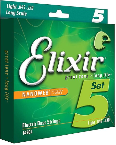 Elixir Nickel-Plated Steel Electric Bass Strings, 5-String, Light, Long Scale, 14202, Action Position Back