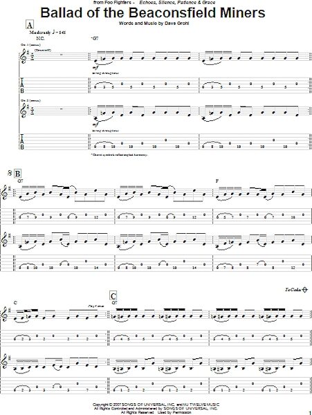 Ballad Of The Beaconsfield Miners - Guitar TAB, New, Main
