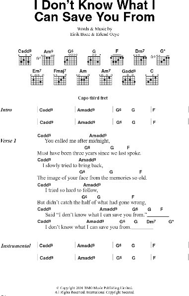 I Don't Know What I Can Save You From - Guitar Chords/Lyrics, New, Main