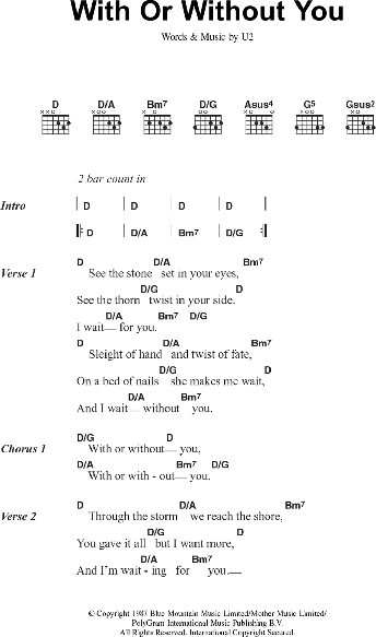 With Or Without You - Guitar Chords/Lyrics, New, Main