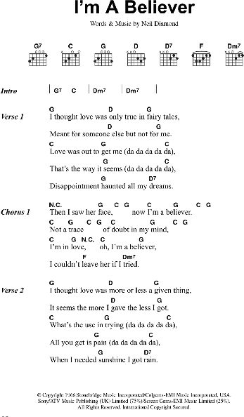 I'm A Believer - Guitar Chords/Lyrics, New, Main