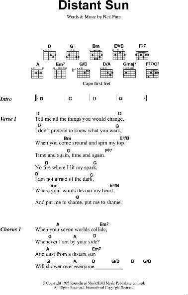 Distant Sun - Guitar Chords/Lyrics, New, Main